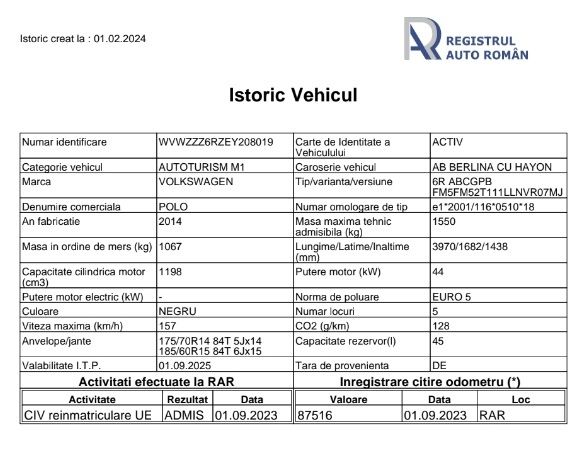 VW Polo 6R 1.2i Sport Black Edition Fabricat 2014 Km 116.000 Reali