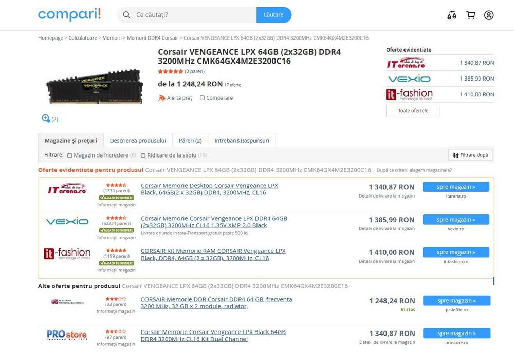 Memorie Ram Corsair Vengeance LPX de 64GB DDR4 3200MHz CL16 -sigilate