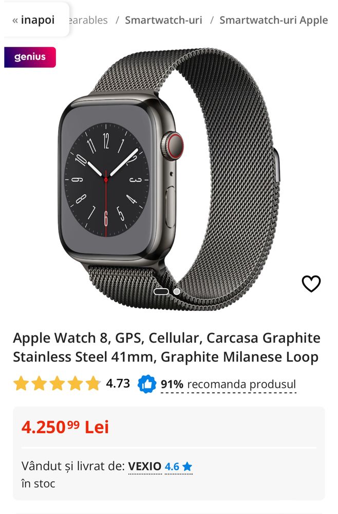 Apple Watch 8, GPS + Cellular, Carcasa Graphite Stainless Steel 41mm