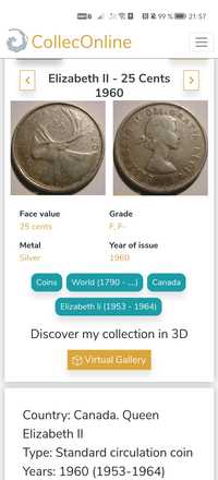 Moneda argint 25 cents Canada 1960