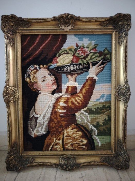 Un superb goblen antic încadrat într-o ramă din lemn masiv Blondel ,pi