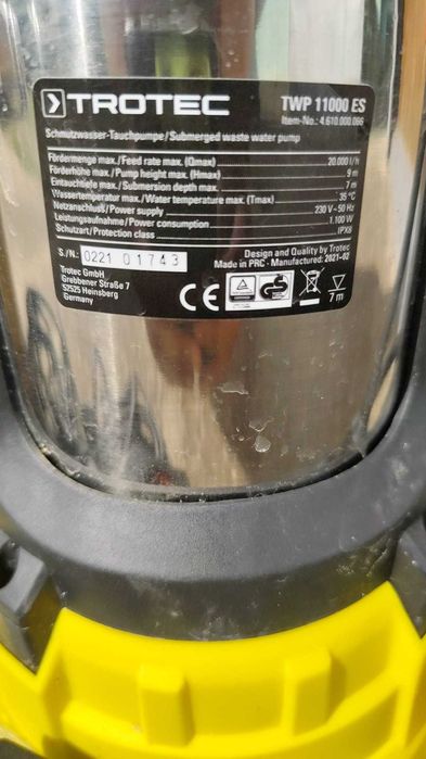 Pompă submersibilă de apă reziduală TROTEC TWP 11000 ES - NOUA !