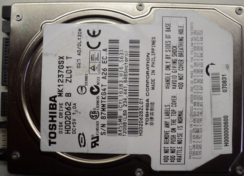 Hard Disk-HDD Sata 2,5" HDD-120 Gb Toshiba MK1237GSX Refurbished