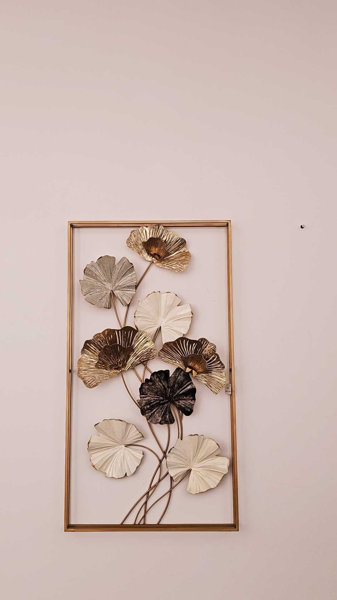 Obiect decorativ tib tablou 3D frunze si flori alb gri mov auriu