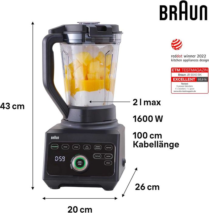 Нов Мощен Блендер с 10 Скорости Braun PowerBlend 9 JB9040BK 1600W, 2л
