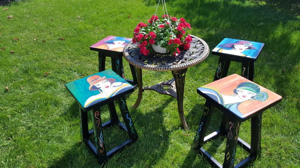 Mobila, SET 4 SCAUNE LEMN ESENTA TARE, pentru gradina, pictate artist