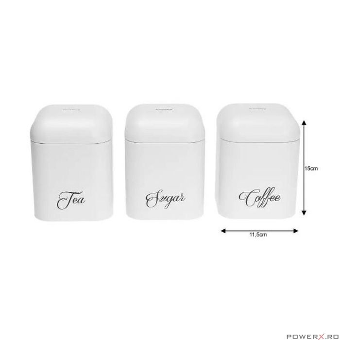 Recipiente pentru cafea, ceai, zahar, din otel, alb, 3 piese,