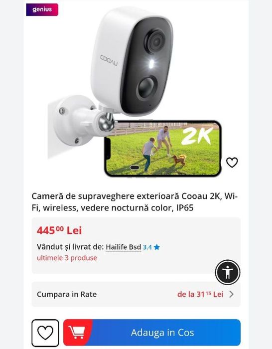Camera de supraveghere exterioară Cooau 2K cu conectivitate wireless,