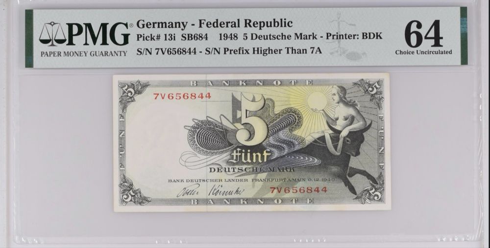 Bancnota gradata GERMANIA 1948 5 Marci Deutsche Mark PMG 64 UNC Rara
