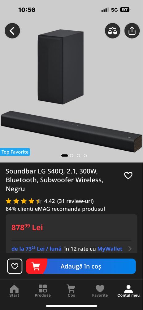 Soundbar LG S40Q, 2.1, 300W, Bluetooth, Subwoofer Wireless, Negru