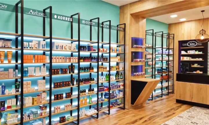 Торговое оборудование для аптеки стеллажи ресепшен кассовая зона