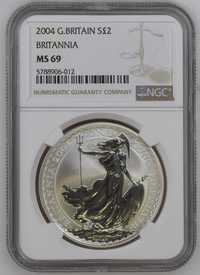 1 oz сребро 2 паунда Британия 2004 г NGC MS 69
