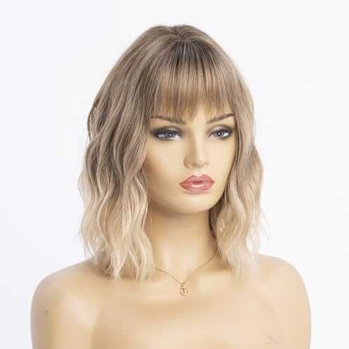 Нова Къса омбре руса перука с бретон, вълниста, естествен вид коса