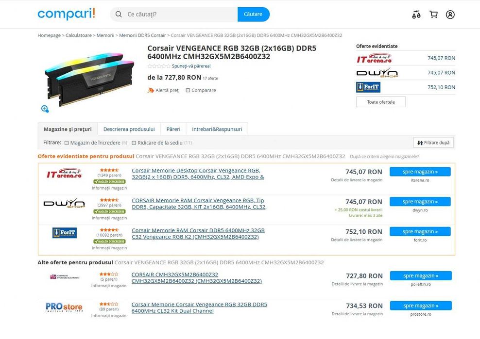 Memorie Corsair Vengeance RGB 32GB DDR5 6400MHz CL32 Dual , SIGILATE