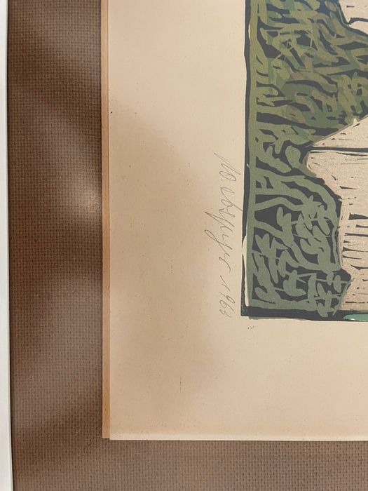 litografie print vechi semant original in rama expozitionala an 1963