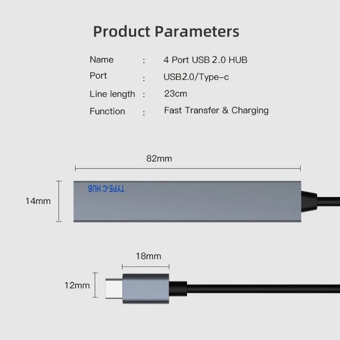 Hub USB-C Type-C cu 4 porturi USB 3.0 pentru laptop, telefon, metalic