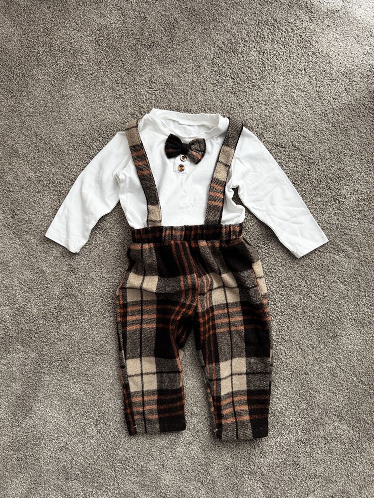 Set pantaloni cu bretele si bluza cu papion, 9-12 luni