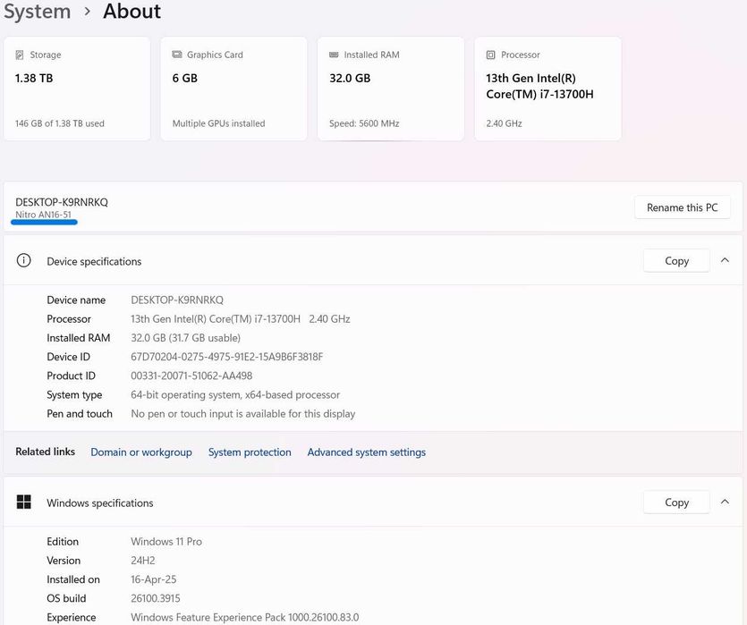 Acer Nitro AN16-51/ i7-13700H/ GeForce RTX 4050/ DDR5 32Gb/ SSD 1,5Tb