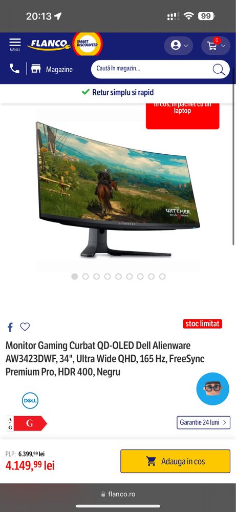 Monitor gaming QD-OLED Alienware Ultrawide 34", 165hz, 0.3ms