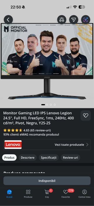 Monitor Lenovo Legion 24.5", 240Hz, Y25-25