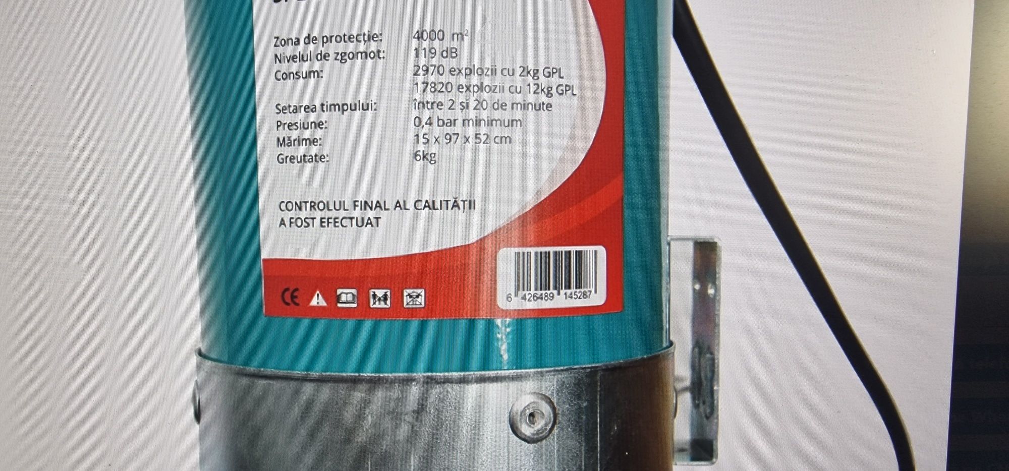 Tun automat  cu explozie pe gaz pentru speriat pasari pt butelie GPL