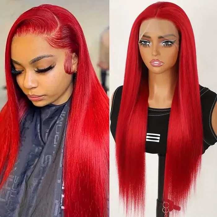 Ярко червена лейс фронт права перука с дантела