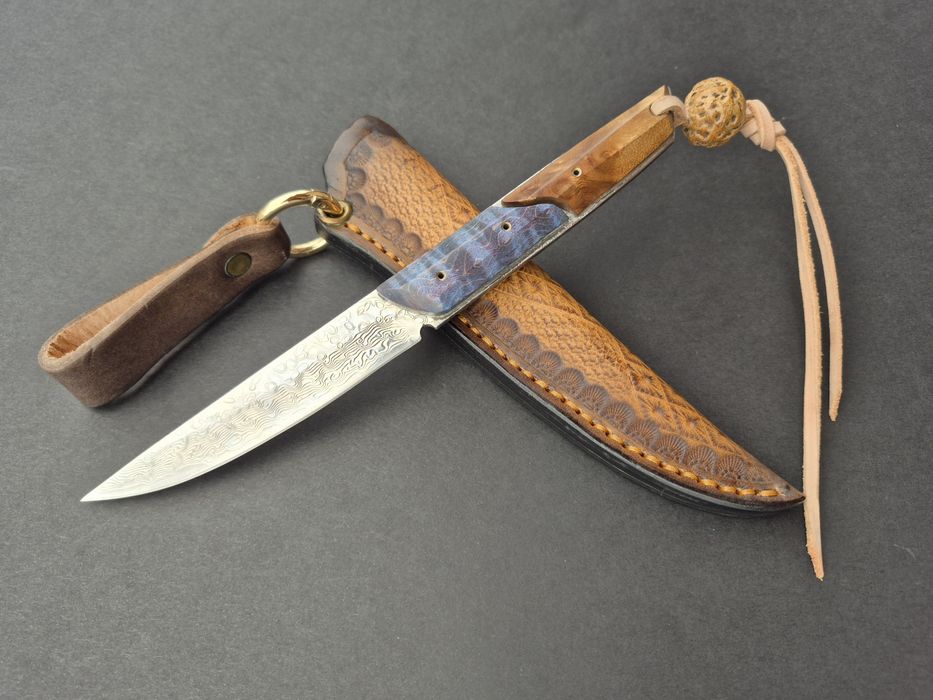 Компактен ловен нож,фултанг дамаска стомана с кожена кания, LN426