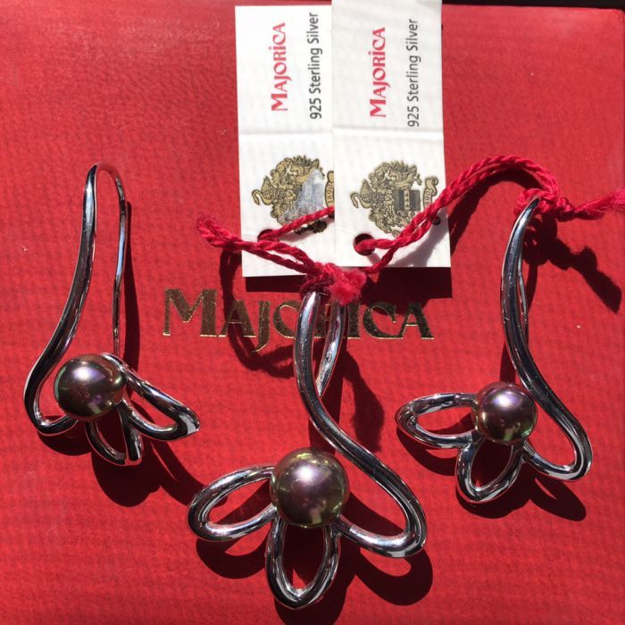 Комплект обеци и висулка с перли Majorica - Сребро с родиево покритие