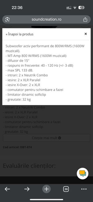 Vand sau schimb subwoofer /bass activ DB