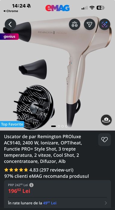 Uscator Remington PROluxe AC9140, 2400 W, 3 trepte temperatura, Alb