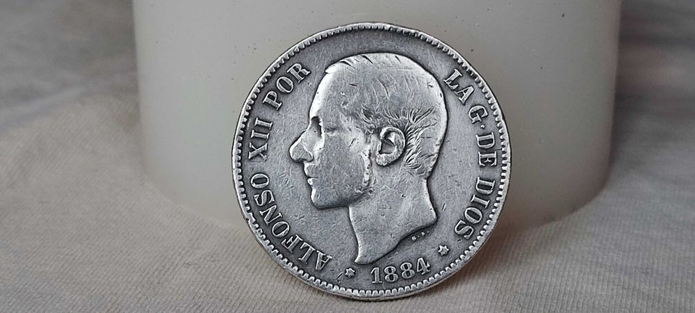 Испания Голяма Сребърна Монета 5 Песети 1884/ Алфонсо XII