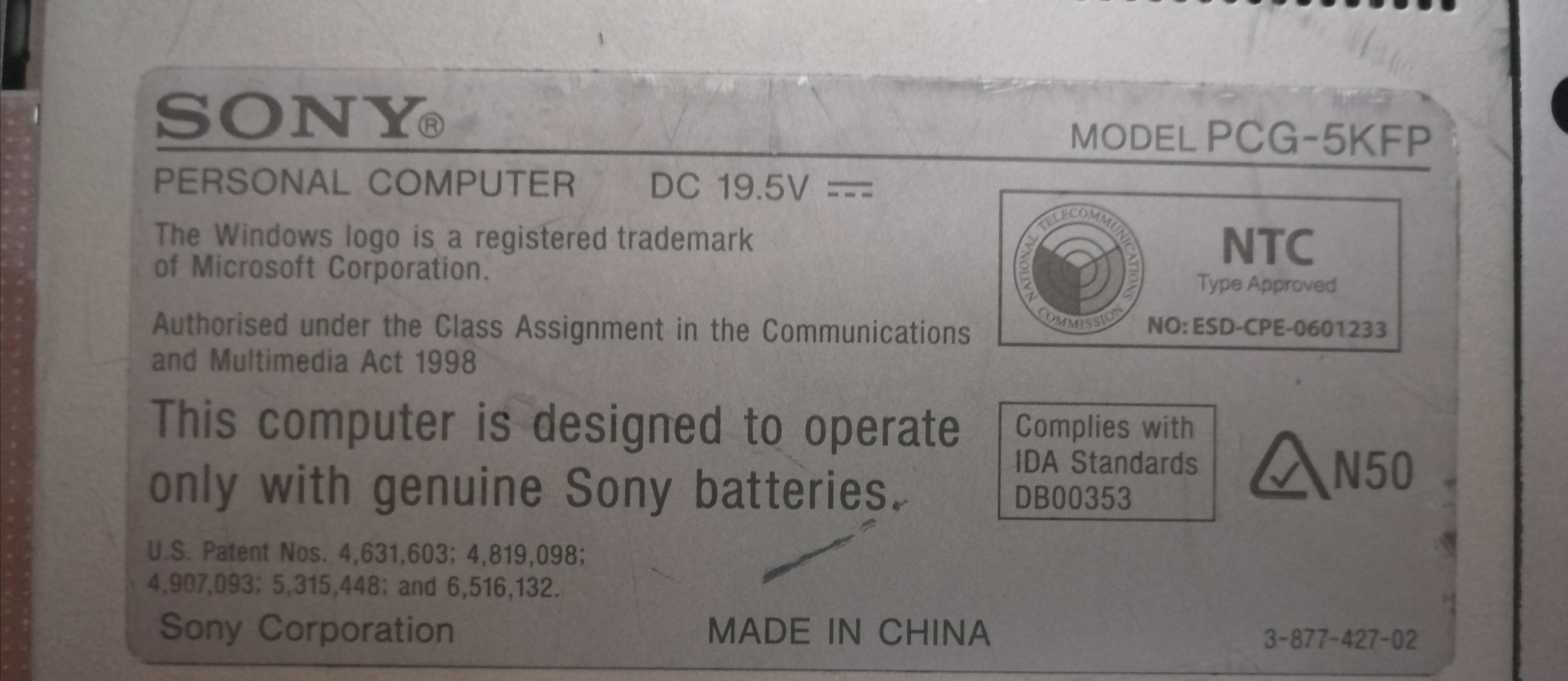 Sony Vaio Model PCG-5KFP