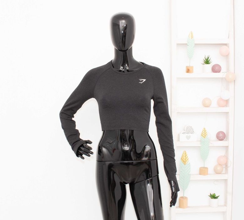 Gymshark дамски кроп топ за фитнес къс модел тъмно сив дълъг ръкав М