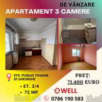 De vânzare apartament cu 3 camere pe strada Puskas Tivadar!