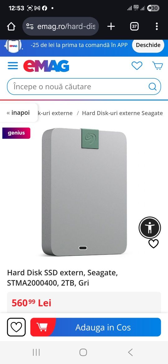 Hard Disk SSD extern, Seagate, STMA2000400, 2TB, Alb, NOU