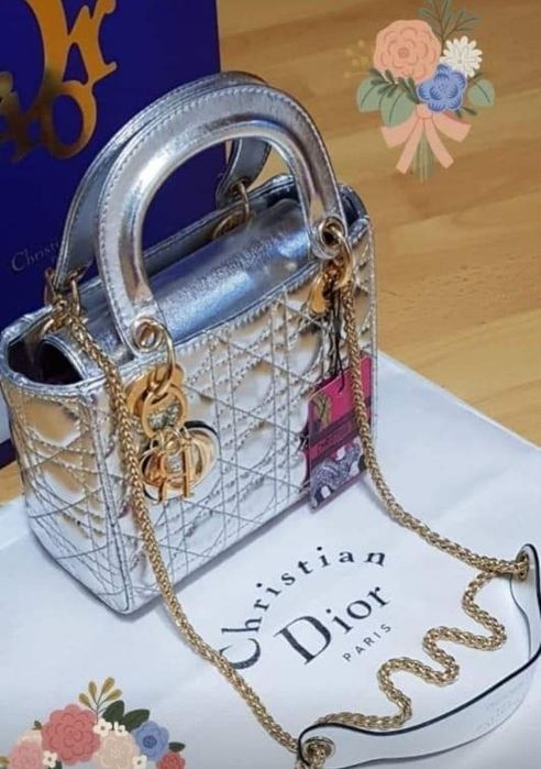 Geanta silver Medium/logo metalic auriu, saculet, etichetă