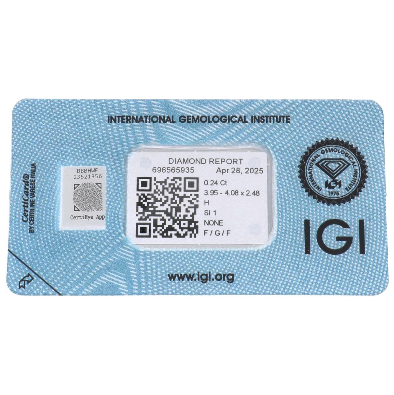IGI certified Diamond - 0.24ct, color - H, clarity - SI1, cut - Fair.