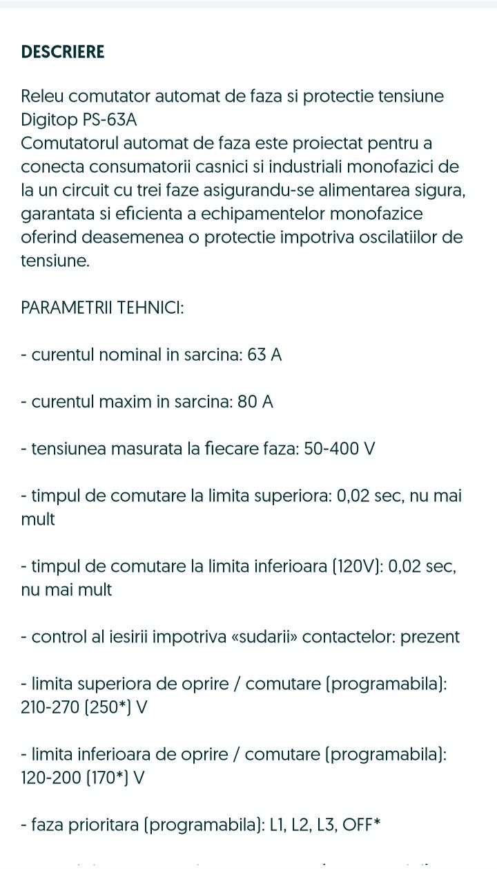 Ansamblu complet cu relee comutatoare faze Digitop PS- 63A