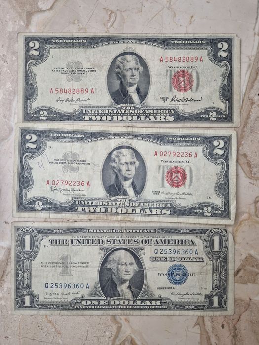 2 долара 1953г,1963г 1 долар 1957г,със леки дефекти