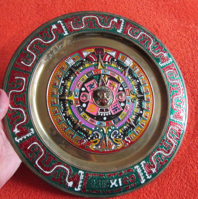 cadou rar Plate Calendar Aztec Maya bronz pictat email Mexic 1980