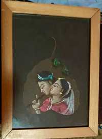 Pictura veche in ulei, pe frunza de Pipal, made in India.