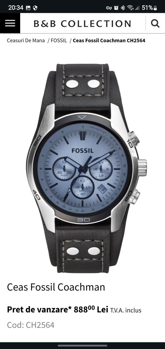 Fossil Coachman ,10 atm,geam mineral,mecanism Seiko,nou