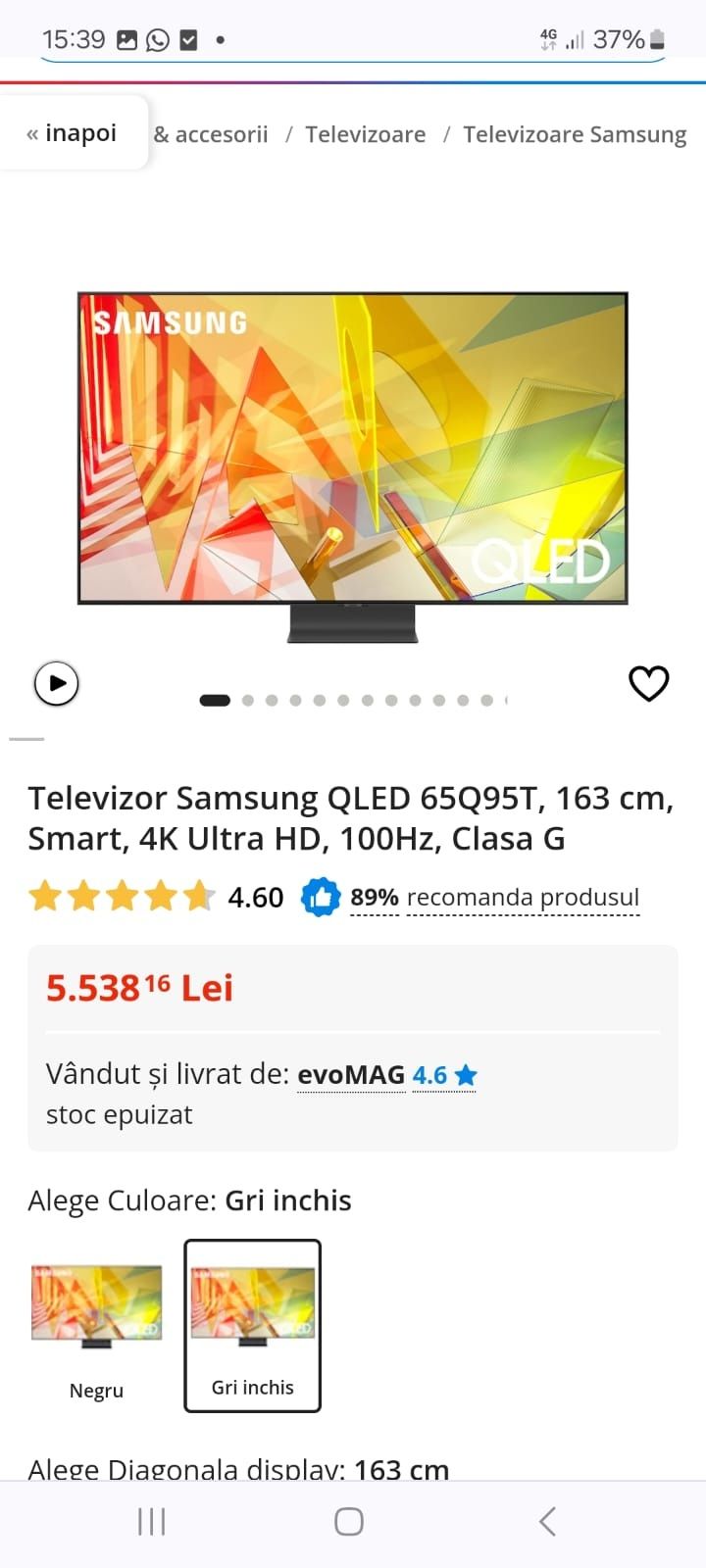 Televizor Smart Samsung QLED 63Q95T, 163 cm, 4K