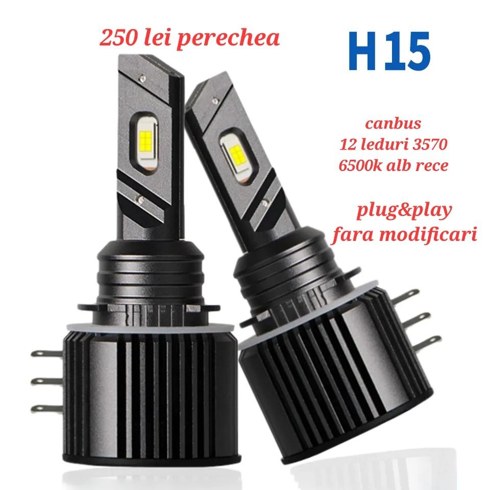 Set 2 becuri LED H7 H3 H1 H4 H11 HB4 H15 alb rece canbus 12.000 lumeni