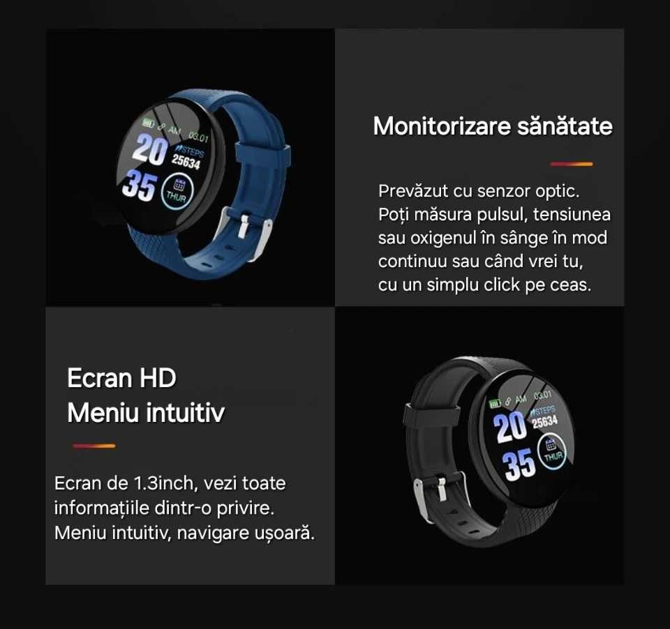 Set smartwatch performant cu 2 curele. Negru/Albastru. USB.Waterproof.
