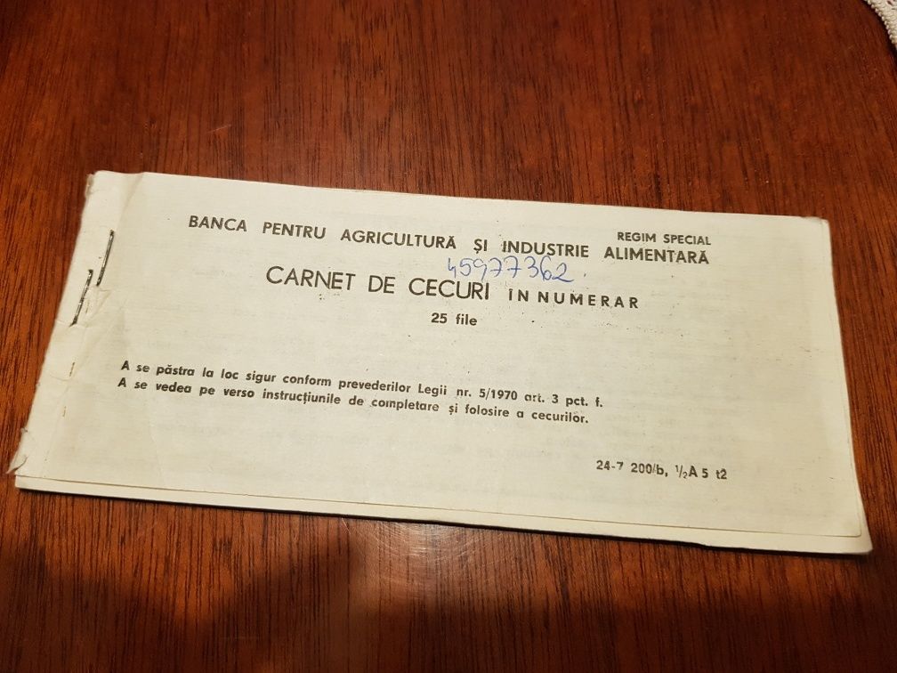Carnet de cecuri in numerar 1985