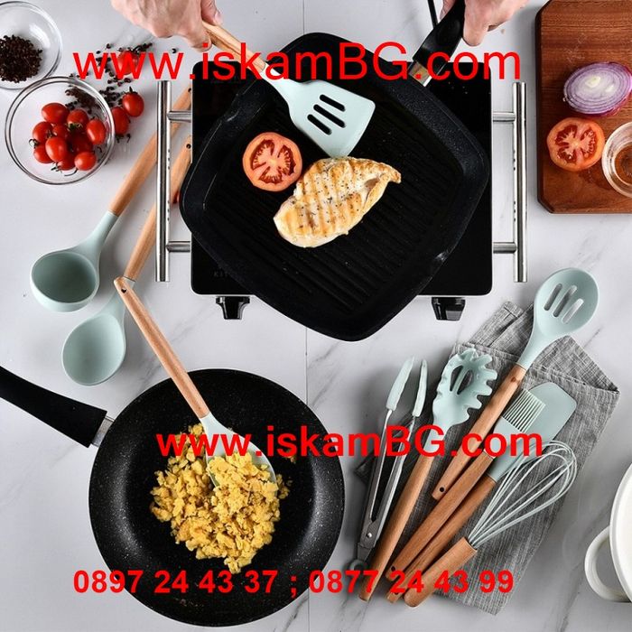 Комплект от 11 броя силиконови кухненски прибори за готвене с поставка