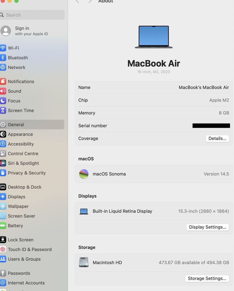 MacBook Air 15.3-inch / M2 / 8 Gb RAM / 512 gb / Space Black / Nou