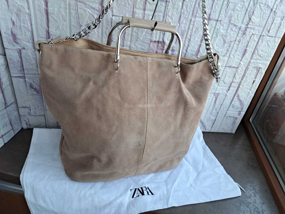 дамска чанта ZARA,бежова велурена торба-естествена кожа