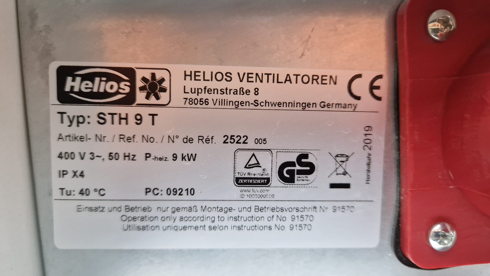 Termoventilator Helios STH9T cu temporizator 3 faze , 400V , 9kW